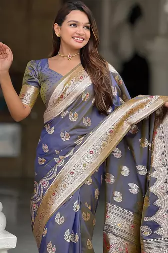 Grey elegant art silk woven saree with rich zari border