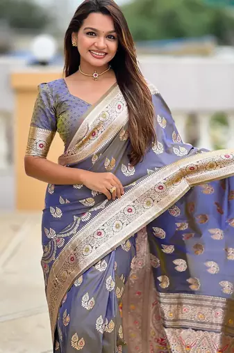 Grey elegant art silk woven saree with rich zari border