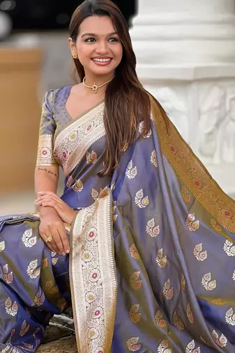 Grey elegant art silk woven saree with rich zari border
