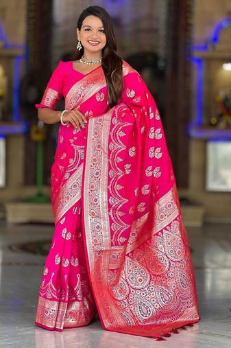 Pink elegant art silk woven saree with rich zari border