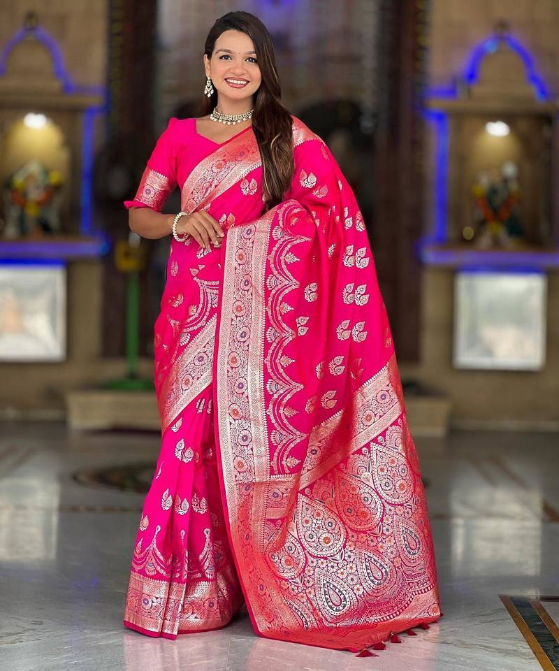 Pink elegant art silk woven saree with rich zari border
