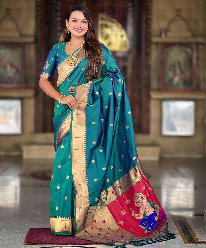 Rama green elegant art silk woven saree with rich zari border