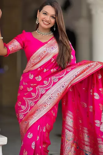 Pink elegant art silk woven saree with rich zari border