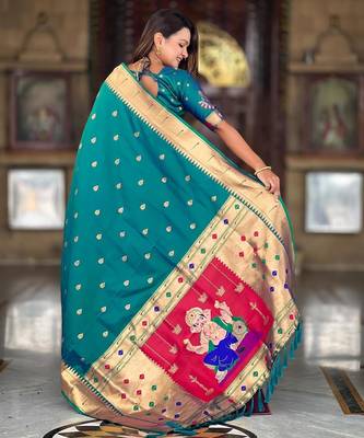 Rama green elegant art silk woven saree with rich zari border 2