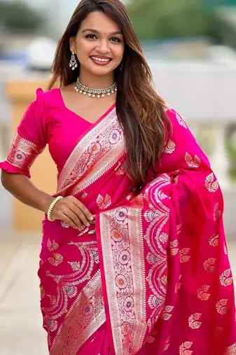 Pink elegant art silk woven saree with rich zari border