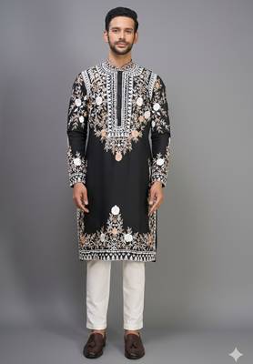 black embroidered silk kurta pant set for men 2