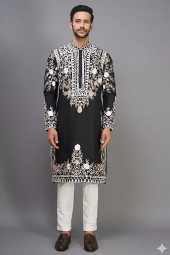 black embroidered silk kurta pant set for men