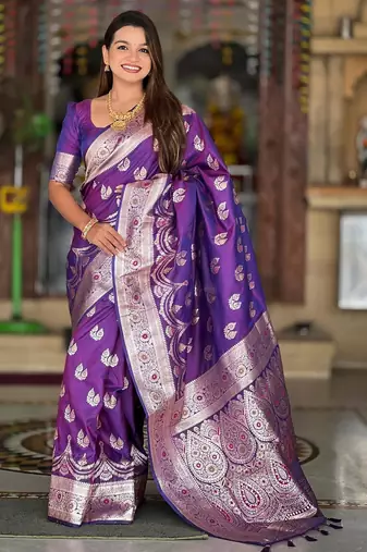 Purple elegant art silk woven saree with rich zari border