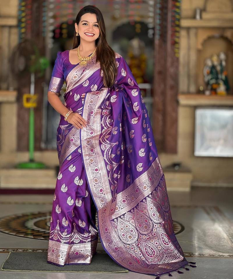 Purple elegant art silk woven saree with rich zari border