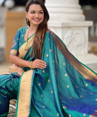 Rama green elegant art silk woven saree with rich zari border 5
