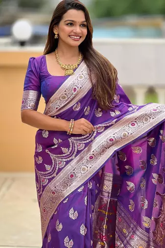 Purple elegant art silk woven saree with rich zari border