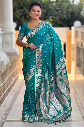 Rama green elegant art silk woven saree with rich zari border