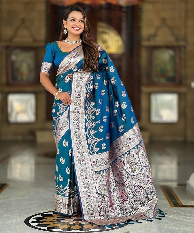 Teal elegant art silk woven saree with rich zari border