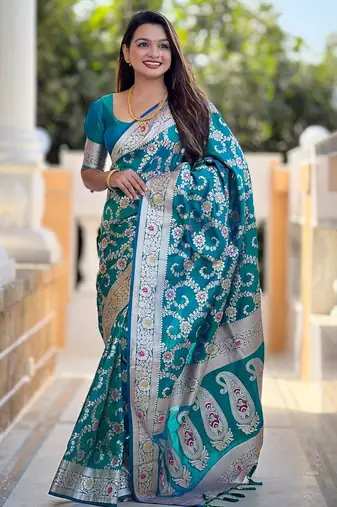 Rama green elegant art silk woven saree with rich zari border