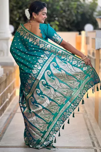 Rama green elegant art silk woven saree with rich zari border