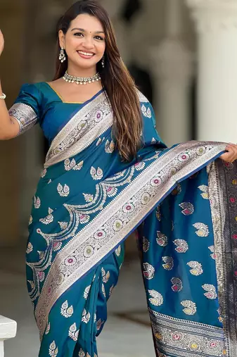 Teal elegant art silk woven saree with rich zari border