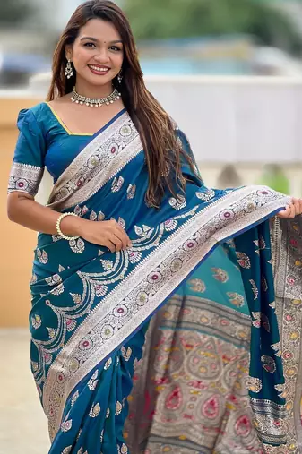 Teal elegant art silk woven saree with rich zari border