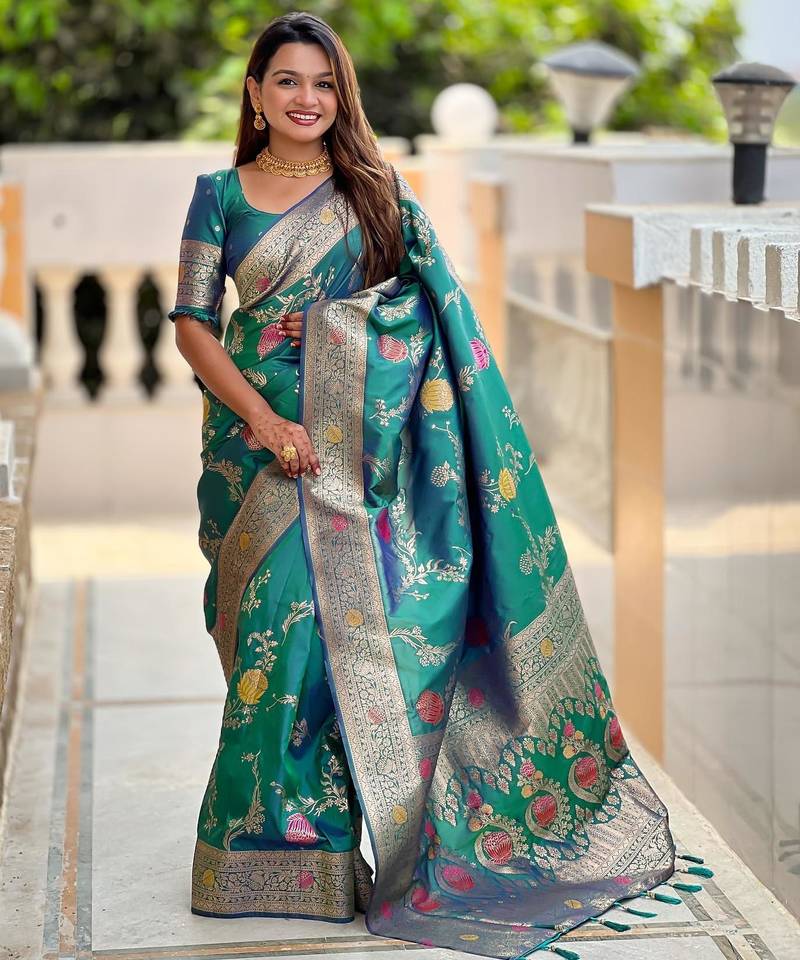 Rama green elegant art silk woven saree with rich zari border