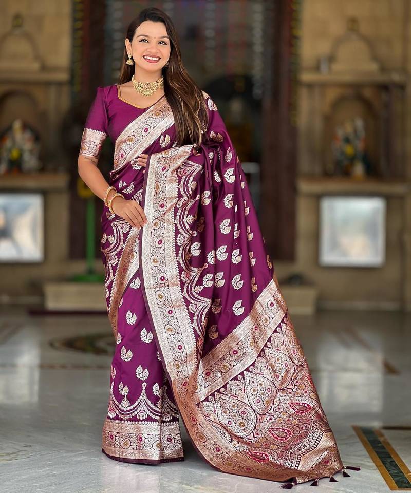 Wine elegant art silk woven saree with rich zari border