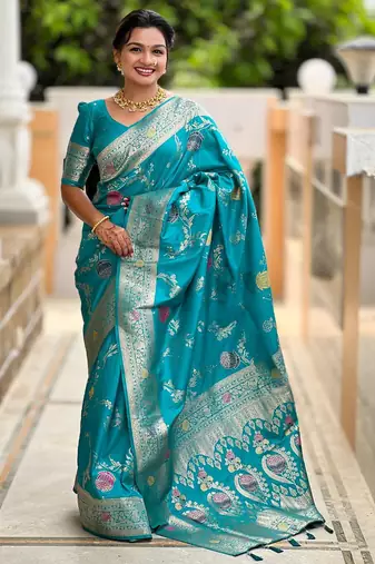 Rama green elegant art silk woven saree with rich zari border