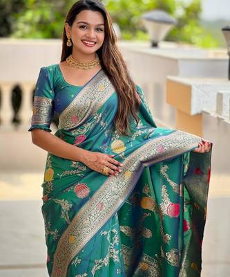Rama green elegant art silk woven saree with rich zari border 2