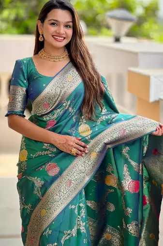 Rama green elegant art silk woven saree with rich zari border