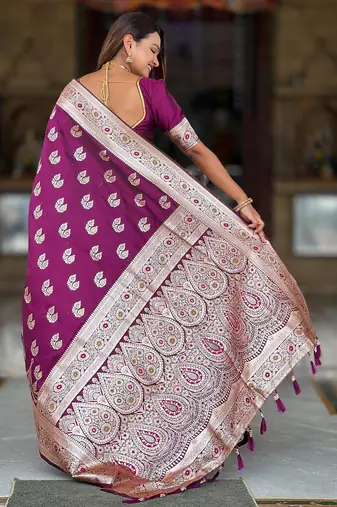 Wine elegant art silk woven saree with rich zari border