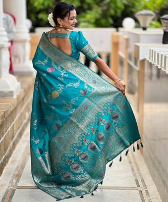 Rama green elegant art silk woven saree with rich zari border 2