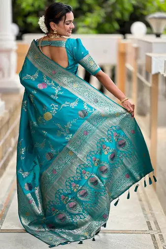 Rama green elegant art silk woven saree with rich zari border