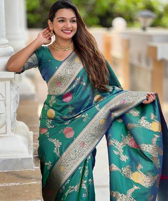 Rama green elegant art silk woven saree with rich zari border 3