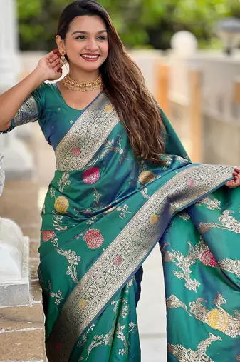 Rama green elegant art silk woven saree with rich zari border