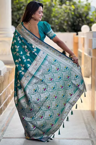 Rama green elegant art silk woven saree with rich zari border