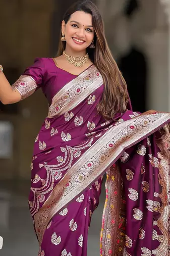 Wine elegant art silk woven saree with rich zari border