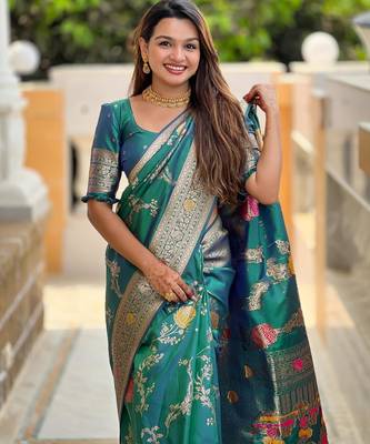 Rama green elegant art silk woven saree with rich zari border 4