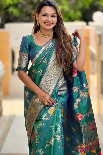 Rama green elegant art silk woven saree with rich zari border