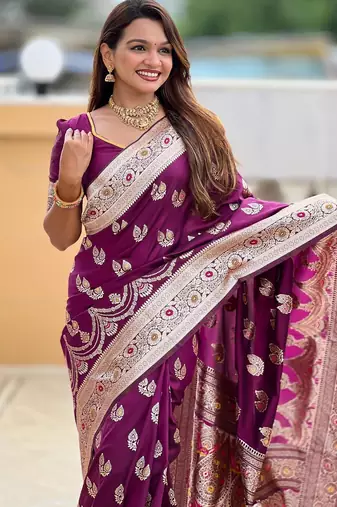 Wine elegant art silk woven saree with rich zari border