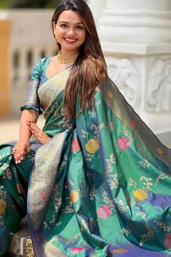 Rama green elegant art silk woven saree with rich zari border