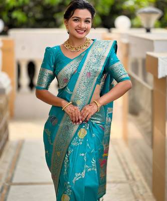 Rama green elegant art silk woven saree with rich zari border 4