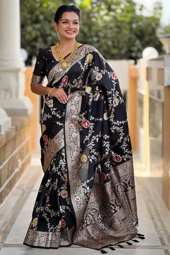 Black elegant art silk woven saree with rich zari border