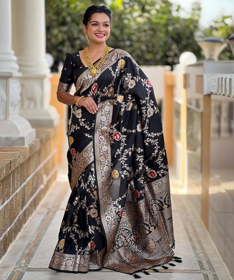 Black elegant art silk woven saree with rich zari border