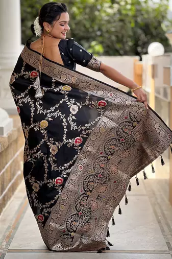Black elegant art silk woven saree with rich zari border