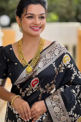 Black elegant art silk woven saree with rich zari border