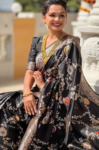 Black elegant art silk woven saree with rich zari border