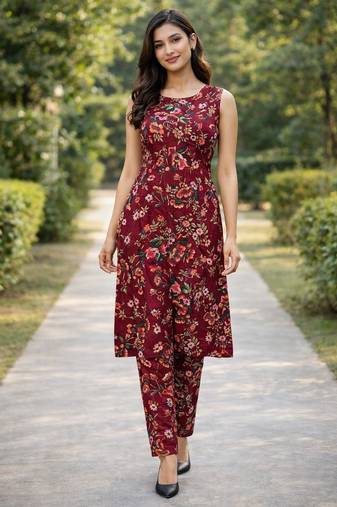 Maroon floral printed a-line kurta pant set for women