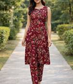 Maroon floral printed a-line kurta pant set for women
