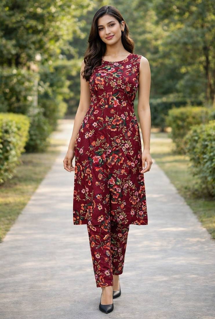 Maroon floral printed a-line kurta pant set for women