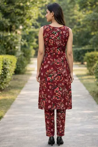 Maroon floral printed a-line kurta pant set for women