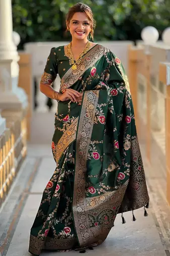 Green elegant art silk woven saree with rich zari border