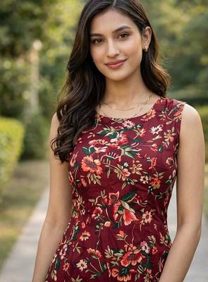 Maroon floral printed a-line kurta pant set for women 3