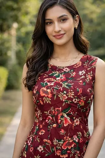 Maroon floral printed a-line kurta pant set for women